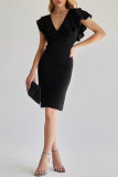Sexy Solid Color Backless Ruffle V Neck Wrapped Skirt Dresses
