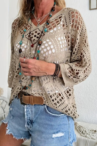 Casual Daily Solid Color Hollow Out V Neck Tops
