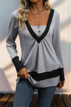 Casual Solid Color Patchwork Contrast V Neck Tops