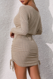 Casual Solid Color Draw String Patchwork Oblique Collar Wrapped Skirt Dresses