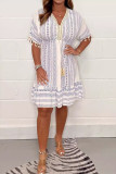 Casual Vacation Geometric Print Lace Fringed Trim V Neck A Line Short Sleeve Dress