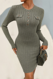 Elegant Solid Color Buttons O Neck Wrapped Skirt Dresses