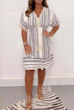 Casual Vacation Geometric Print Lace Fringed Trim V Neck A Line Short Sleeve Dress