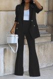 Business Wear Street Solid Color Buttons Turn-back Collar Long Sleeve Two Pieces