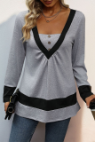Casual Solid Color Patchwork Contrast V Neck Tops