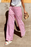 Casual Daily Plaid Stripe Pocket Loose High Waist Straight Full Print Bottoms