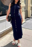 Elegant Solid Color Buckle O Neck Sleeveless Dresses