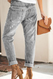 Casual Street Solid Color Ripped Draw String Pocket Denim Jeans