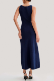 Elegant Solid Color Buckle O Neck Sleeveless Dresses