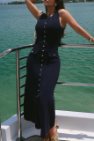Elegant Solid Color Buckle O Neck Sleeveless Dresses