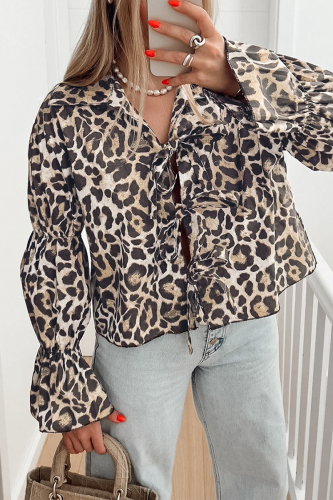 Casual Street Leopard Print Lace Up Turndown Collar Tops