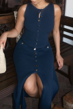 Elegant Solid Color Buckle O Neck Sleeveless Dresses