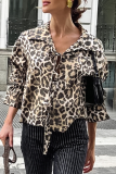 Casual Street Leopard Print Lace Up Turndown Collar Tops