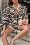 Casual Street Leopard Print Lace Up Turndown Collar Tops