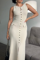Elegant Solid Color Buckle O Neck Sleeveless Dresses