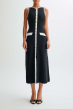 Elegant Solid Color Buckle O Neck Sleeveless Dresses