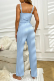 Daily Solid Color Lace Lace Up V Neck Sleeveless Two Pieces