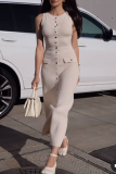 Elegant Solid Color Buckle O Neck Sleeveless Dresses