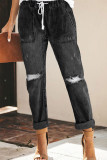 Casual Street Solid Color Ripped Draw String Pocket Denim Jeans
