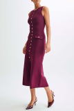 Elegant Solid Color Buckle O Neck Sleeveless Dresses