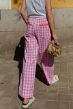 Casual Daily Plaid Stripe Pocket Loose High Waist Straight Full Print Bottoms