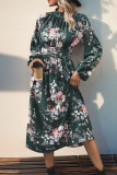 Elegant Floral Print Ruched Mandarin Collar Pleated Dresses