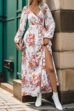 Elegant Flowers Print Slit V Neck A Line Dresses