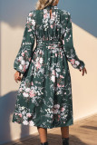 Elegant Floral Print Ruched Mandarin Collar Pleated Dresses