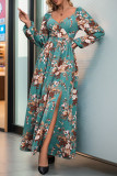 Elegant Flowers Print Slit V Neck A Line Dresses