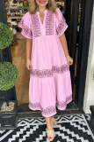 Casual Geometric Print Patchwork V Neck A Line Short Sleeve Dress