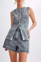 Casual Daily Solid Color Buttons Patchwork O Neck Sleeveless Two Pieces