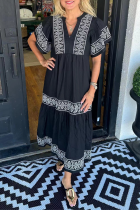 Casual Geometric Print Patchwork V Neck A Line Short Sleeve Dress