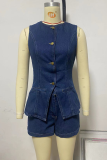 Casual Daily Solid Color Buttons Patchwork O Neck Sleeveless Two Pieces