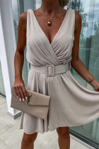 Sexy Solid Color Ruched With Belt V Neck Sleeveless Dresses