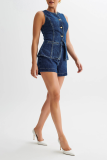 Casual Daily Solid Color Buttons Patchwork O Neck Sleeveless Two Pieces