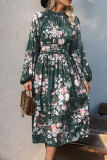 Elegant Floral Print Ruched Mandarin Collar Pleated Dresses
