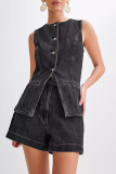 Casual Daily Solid Color Buttons Patchwork O Neck Sleeveless Two Pieces