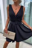 Sexy Solid Color Ruched With Belt V Neck Sleeveless Dresses