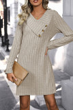 Casual Solid Color Buttons Potholes V Neck Long Sleeve Dresses