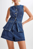 Casual Daily Solid Color Buttons Patchwork O Neck Sleeveless Two Pieces