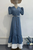Elegant Solid Color Buckle Patchwork O Neck Bud Dresses