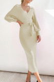 Daily Elegant Solid Color Lace Up Potholes V Neck One Step Skirt Dresses