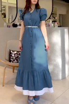 Elegant Solid Color Buckle Patchwork O Neck Bud Dresses