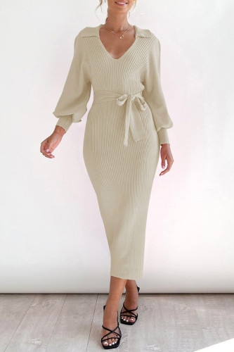 Daily Elegant Solid Color Lace Up Potholes V Neck One Step Skirt Dresses