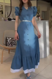 Elegant Solid Color Buckle Patchwork O Neck Bud Dresses