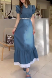 Elegant Solid Color Buckle Patchwork O Neck Bud Dresses