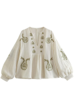 Flowers Embroidered Contrast V Neck Tops