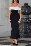 Sexy Solid Color Contrast Off Shoulder One Step Skirt Dresses