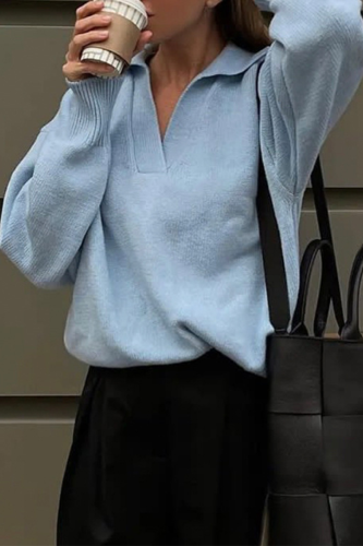 Casual Daily Solid Color Patchwork Knit POLO collar Tops
