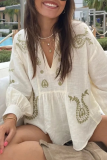Flowers Embroidered Contrast V Neck Tops